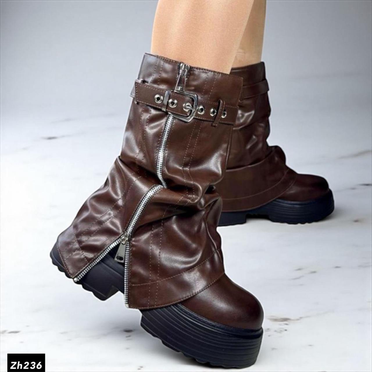 Bota café doblez detalle cierre hebilla plateado suela 5cm YY-73 C-88